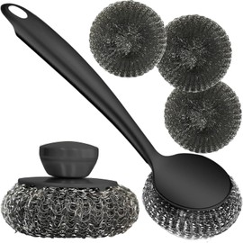 5 Pack Scrubber with Handle Comes with Three Replacement Balls Steel Wool, Short Handle Scrubber, Steel Wool Scrubber Supplies Dish Scrubber, Stainless Steel Scrubber Tool Metal Scrubber for Dishes