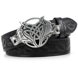 SANSTHS Cowboy Belt for Men Women Western Buckle Belt Cowboy Cowgirl Embossed Leather Belt for Jeans Christmas Gifts Belts, Wolf Buckle Black