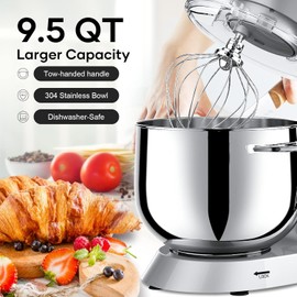 9.5 Qt Stand Mixer, 10-Speed Tilt-Head Food Mixer, Vezzio 660W Kitchen Electric Mixer with Stainless Steel Bowl, Dishwasher-Safe Attachments for Most Home Cooks(Silver)