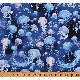 Cotton Jellyfish Jelly Fish Ocean Sea Animals Blue Cotton Fabric Print by The Yard (D462.56)