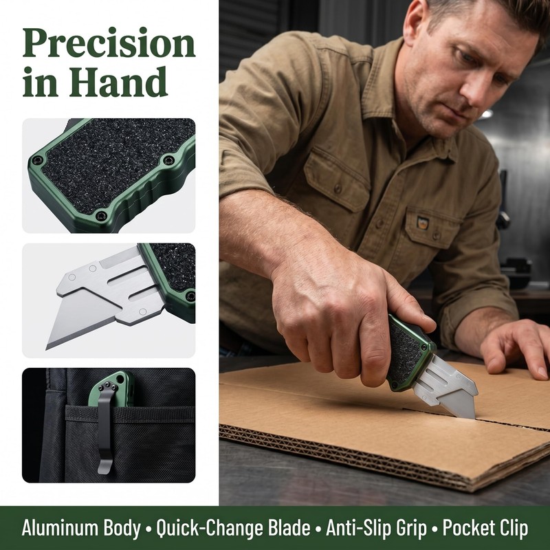 OTF Aluminum Alloy Utility Knife, Retractable Box Cutter, Heavy Duty