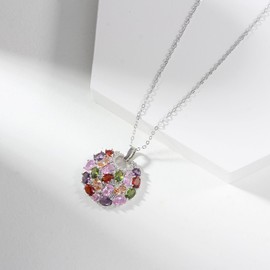Mecool Crystal Pendant Necklace Colourful Silver Cubic Zirconia Necklace Multi-Stone Round Disc Necklaces for Women | Ladies Necklace Pendant | Birthday Necklace for Women