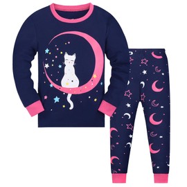Codkkre Girls Pyjamas Cat Pjs Sleepwear Long Sleeve Cotton Christmas Pyjamas Outfit for Kids 2pcs, Navy/Cat, 11-12 years