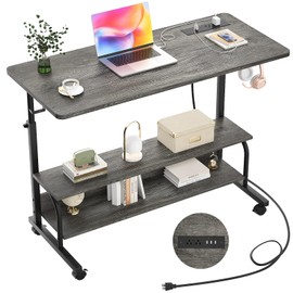 Height Adjustable Standing Desk with Power Outlets, 39" Manual Stand Up Desk with Storage Shelves Small Mobile Rolling Computer Desk Portable Laptop Table with Wheels for Home Office, Grey Oak