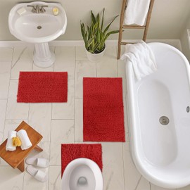 LuxUrux Red Christmas Décor Bathroom Rugs 3pc Set, Includes U-Shaped Contour Toilet Mat, 20 x 30'' and 16 x 24'' Bath Mat, Machine Washable, Red.