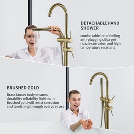 TapLong Solid Brass Freestanding Bathtub Faucet，Floor Mount Tub Filler Brushed Gold High Flow Shower Faucets with Handheld Shower High Flow Rate Max 6 GPM