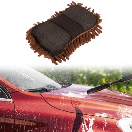 Partuto 1 Pc Universal Car Wash Mitts Chenille Cleaning Sponge Brush Noodle with Elastic Strap Scratch Free Soft Absorbent for Car Home Window - Brown