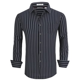 Alex Vando Mens Button Down Shirts Wrinkle Free 4-Way Stretch Print Business Casual Shirt,Black Stripe,L