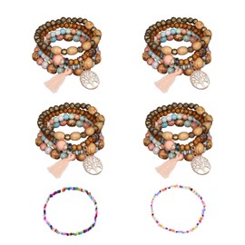 ATBUSS Pack of 4 Wooden Beads Liu Su Bracelets, with 2 Coloured Fine Beads Hand Ropes, Bohemian Bracelets, Women's Multilayer Elastic Bracelets, Tree of Life Pendant Jewellery, Wood