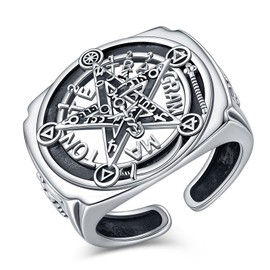 CELESTIA Pentagram Rings Men's Tetragrammaton Finger Rings Man Silver 925 Adjustable Rings for Men Wicca Jewellery Amulet Talisman Occult Pagan Witches Gifts for Dad Husband, Metal, Not applicable