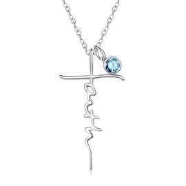 JIYVY32 White Gold Plated Faith Necklace March Birthstone Birthday Necklaces Gifts for Wife Mom Blue Aquamarine Pendant Wedding Jewelry Love Gift