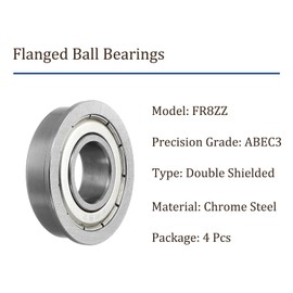 Kozelo 4pcs FR8ZZ Flanged Ball Bearing - [1/2x1-1/8x5/16 Inch] Replacement Wheel Bearings for Wheelbarrow Lawnmower Truck Axle Use, Chrome Steel, ABEC-3