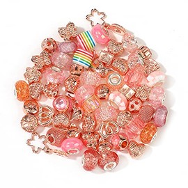 60 Pieces European Rhinestone Beads Spacer Charms Bead Crystal Resin Metal Glass Beads Assortments with Large Hole for Bracelets Necklaces Jewelry Making DIY Crafts (Pink)