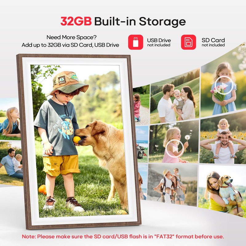 Frameo 10.1" Wood WiFi Digital Picture Frame with 32GB Memory,