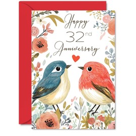 32nd Anniversary Card for Women Men - Love Birds - Happy Wedding Anniversary Cards for Wife Husband Girlfriend Boyfriend, A5 Floral Bird Greeting Cards