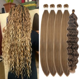Ash Blonde Brown Braiding Hair Pre stretched for Boho Braids Deep Wave Curly Braiding Hair Extensions for Bohemian Braids Hypoallergenic Synthetic ez Braid