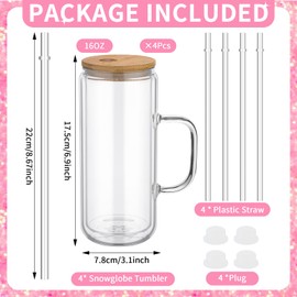 Skylety 4 Pack Snow Globe Glass Cups 16oz Pre Drilled Double Wall Clear Cups Kit with Lid and Straw Squeeze Bottle Funnel Tweezer Bent Syringe for DIY Glitter Snow Globe Craft Gift