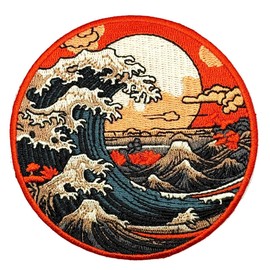 3.5" Great Wave Iron On Patch - Embroidered Japanese Cool Anime Cartoon Ocean Waves Surfing Landscape Applique Appliques Iron On Sew On Patches for Holes, Clothing, Jeans, Hat, Backpacks, Clothes