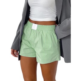 YILEEGOO Women's Elastic Waisted Striped/Plaid Shorts Pyjamas Bottoms Loungewear Summer Beach Shorts Wide Leg Boxers Boyshorts (Green, S)