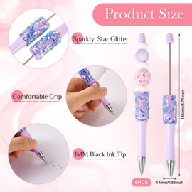 FASHEWELRY 8Pcs Plastic Beadable Ballpoint Pens Kit with Sequin Black Ink Glitter Shaft Beaded Pens Making Supplies for Teacher DIY Making Gift Office School Supplies Lavender