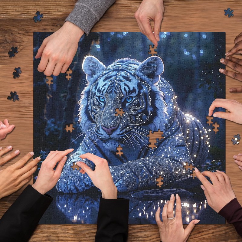 White Tiger Puzzles for Adults 1000 Pieces, Glowing Blue Forest