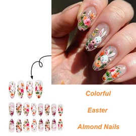 MIXFOSAHN Easter Press on Nails Medium Almond Fake Nails Nude False Nails with Color Flowers Designs Rabbit Glossy Full Cover Glue on Nails Easter Day Acrylic Nails for Women Girls 24 Pcs