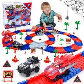 Spider Construction Race Track Set: STEM Building Toys for Kids Ages 3-9 Car Track with Superhero Cars Outdoor Toddler Toys for Boys Girls Birthday Gifts Toy for 3 4 5 6 Year Old Boy Gifts(212PCS)
