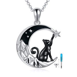 VONALA 925 Sterling Silver Cat Cremation Jewelry Mountain Moon Black Cat Urn Necklace for Ashes for Women Cat Ashes Necklace