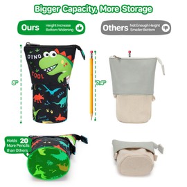 BrainyBees Standing Pencil Case for Boys - Telescopic Kawaii Pencil Pouch for Kids, Big Capacity Stand Up Stationery Pouch for School Students, Black Dinosaur