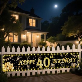 Seutgjie Decorative 40th Birthday Banner with LED Light Strip for Women Men 40 x 270 cm Background Decoration Gold Black