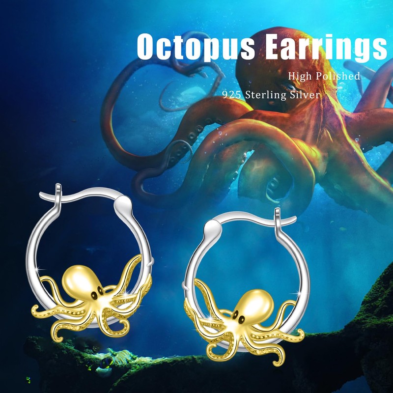 OHAYOO Octopus Earrings 925 Sterling Silver Vintage Animal Hoop Earrings