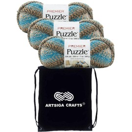 Premier Yarns Puzzle Jigsaw 1050-02 (3-Skeins - Same Dye Lot) Chunky Bulky #5 100% Acrylic Yarn for Crocheting and Knitting - Bundle with 1 Artsiga Crafts Project Bag