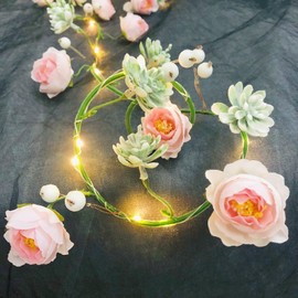 Sezrgiu 20 LED 6.6 FT Artificial Rose Succulents String Lights, Battery Operated Rose Flowers Succulents Garland Fairy Vine Light for Room,Valentine's Day,Wedding,Party Decoration (Pink)