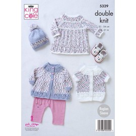 King Cole 5329 Knitting Pattern. Dress Coat, Cardigan & Hat in King Cole Cherish Dash, Cherished DK for Baby