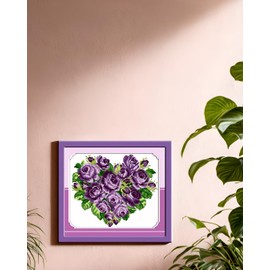 CaptainCrafts Cross Stitch Kits Stamped Cross Stitch Printed 11CT Fabric Cross Stitching DIY Art DMC Needlecrafts Embroidery Kit for Adults Beginner (Stamped, Rose Heart Purple)