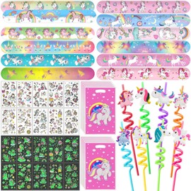 Pack of 40 Unicorn Party Bags, Unicorn Children's Birthday Set with 8 Unicorn Straws, 12 Snap Bracelets, 10 Gift Bags and 10 Tattoos Children, Unicorn Children's Birthday Gifts, Unicorn Party Gifts