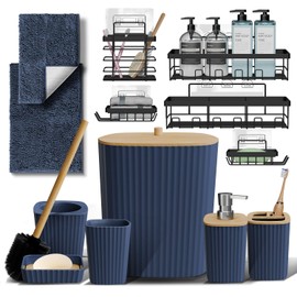 Clara Clark Bathroom Set - Navy Blue Bathroom Accessories Set, 6PC Bathroom Accessory Set, Bathroom Sets with Bathroom Rugs, Adhesive Corner Shower Caddy Hanging, Toilet Brush & Trash Can