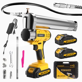 TOKKOT Battery Grease Gun,21V Electric Operated Grease Gun Kit with 2 Batteries and 10 Accessories,21”Long Hose,10000 PSI,Cordless,Variable Speed Triggers,with LED Light and Carrying Case