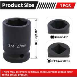Deep 6-Point Impact Socket 3/4" Drive 27mm,Chrome Molybdenum Steel, Anti-Rust Metric Hex Socket for Car Repairs and Impact Wrench