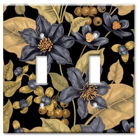Art Plates 2 Gang Toggle Wall Plate - Black and Gold Flowers