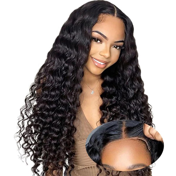 28 Inch Glueless Wig Human Hair Wig 5 x 5 Lace Front Wig Human Hair Deep Wave Wig No Glue Pre Cut Lace Wear and Go Glueless Wig 180% Density Wig Women's Real Hair 70 cm