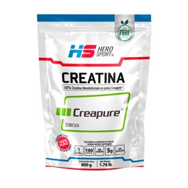 Hero Sport Creatina Monohidratada Creapure ® 800g. 100% Pura. Solo 1 Ingrediente Creatina Alemana Creapure®. Vegana, Sin Azúcar, 160 porciones, 5g por porción, Incluye Scoop. Pure. Proven. Perfect.