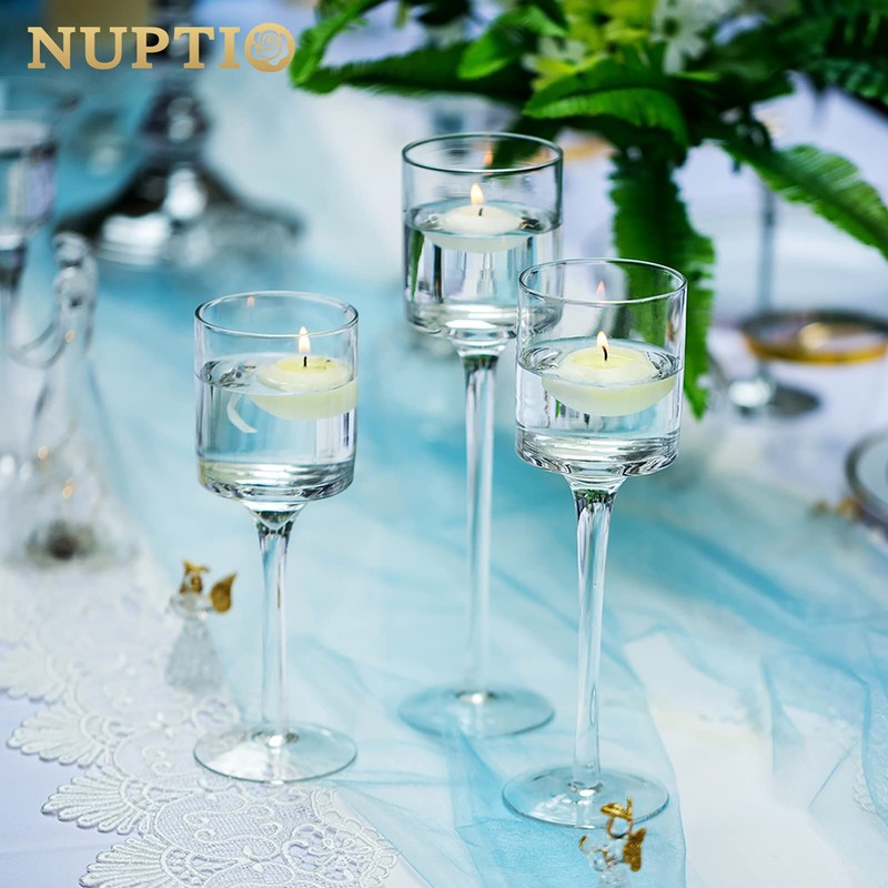NUPTIO Tealight Candle Holders Glass: Set of 3 Long Stemmed