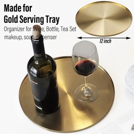 FREELOVE Brass Gold Serving Tray, Circle Round Decorative Platter, Metal Brushed Decor Plate, 12 inch Golden Circular Server, Decoration for Bar Vanity Bathroom Candle Food Display Coffee Table Top