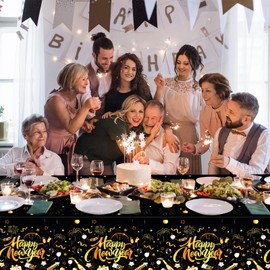 PHOGARY New Years Decorations 2025 Happy New Year Tablecloth, Happy New Year Decoration Rectangle Black Gold New Year Tablecloths, New Year Table Covers for New Years Eve Party Supplies 2025