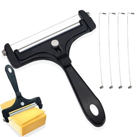 Adjustable Cheese Slicer with 4 Extra Wires Replacement, Hand Held Wire Cheese Cutter Shaver, Heavy Duty Aluminum Alloy Cheese Slicers for Block Cheese (Black)