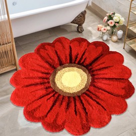 Lacomfy Daisy Floral Bathroom Rug 3Ft Circle Bath Mat Boho Round Flower Shape Bedroom Carpet for Girls Kids Room Farmhouse Doormat Kitchen Sink Mat, Easy Washable, Nonslip, Thick, Plush, 35.4in, Red