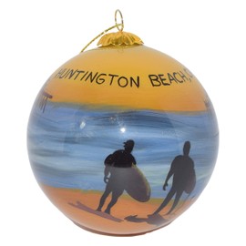 Blown Glass Christmas Ornament | Surfers On Beach Huntington Beach, CA | Hand Painted Inside | Original Art | Includes Gift Box