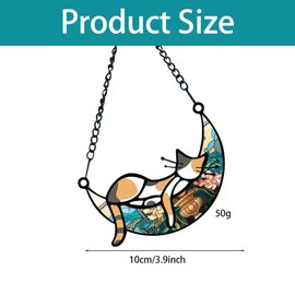 Stained Glass Window Hanging Cat, Cat Suncatchers for Windows Hanging, Sun Catchers Indoor Window Cat Sleeping on Moon Suncatcher Decorations Stained Glass Decor for Home