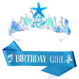 CIEHER Mermaid Crown and Girl's Birthday Sash with Starfish Tiara - Blue Decorations Set